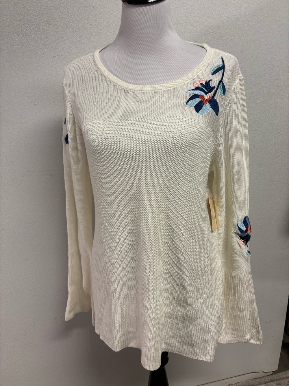 St. John's Bay Cream Knit Sweater with Blue Floral Embroidery